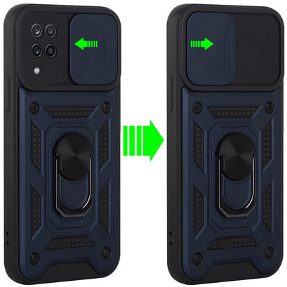 For Samsung Galaxy A12 5G Hybrid Cases with Slide Camera Lens Cover and Ring Holder Kickstand Rugged Dual Layer Heavy Duty Hard  Phone Case Cover