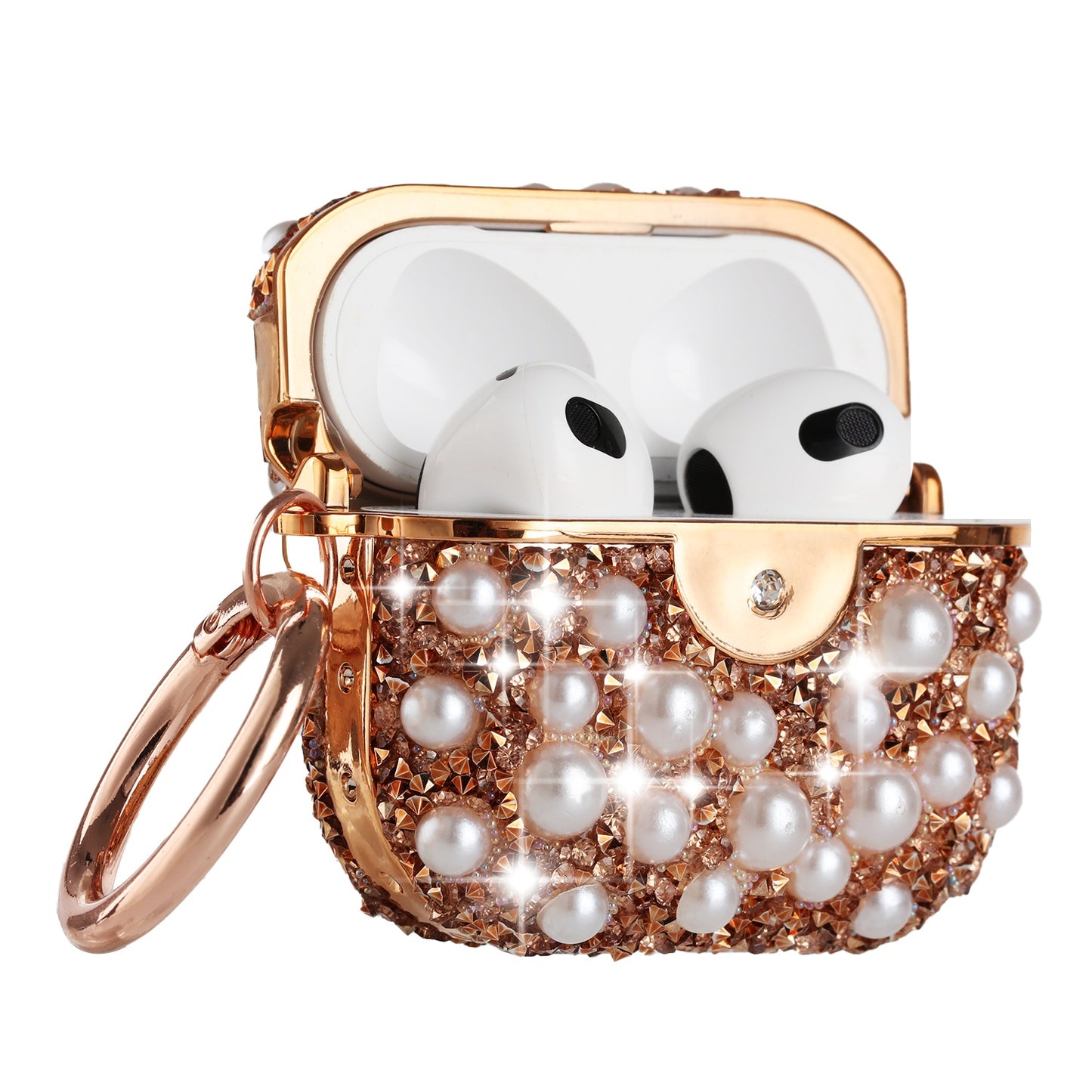 For Apple AirPods 2 & 1 Pearl Diamond Glitter Hybrid Bling Crystal Rhinestone Protective Accessories with Keychain  Phone Case Cover