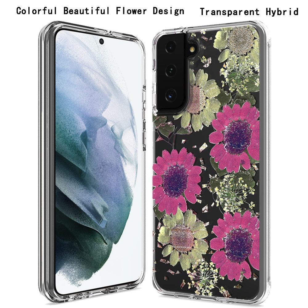 For Samsung Galaxy S22 /Plus Ultra Glitter Floral Print Pattern Clear Design Shockproof Hybrid Fashion Sparkle Rubber TPU Bumper  Phone Case Cover