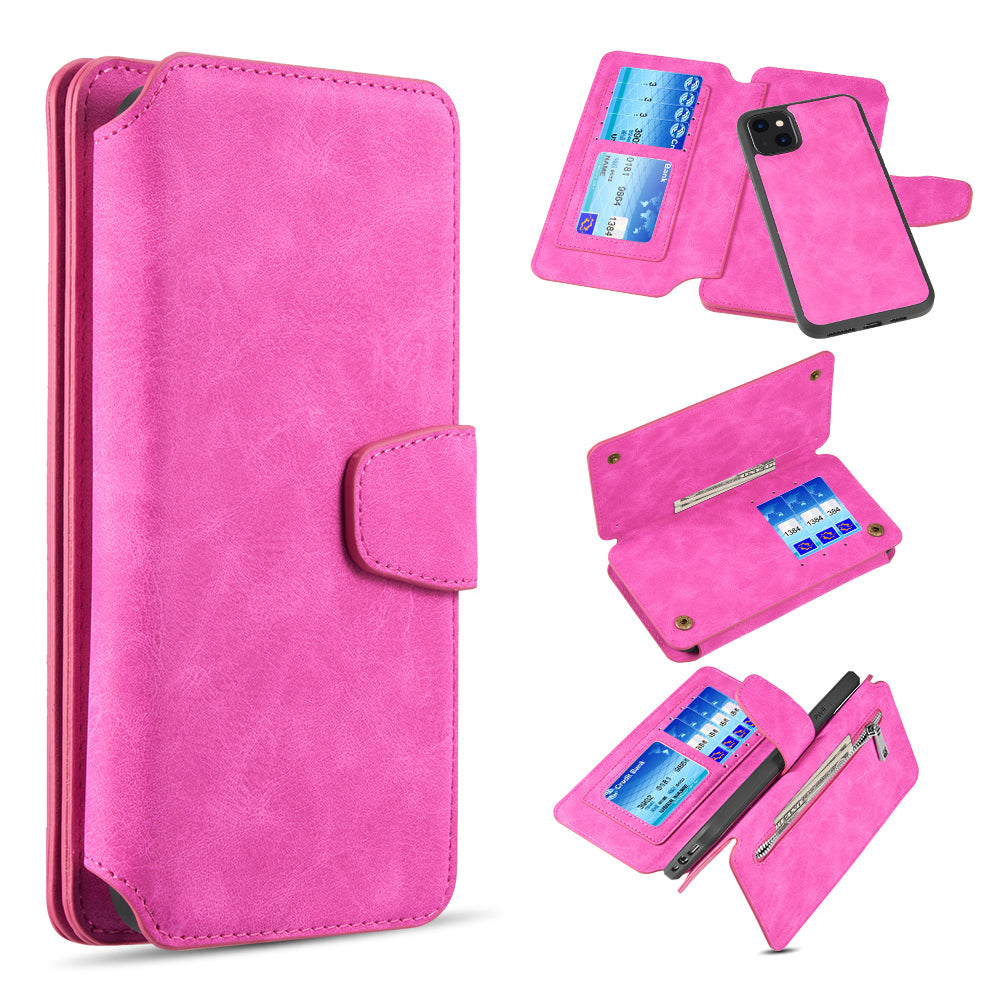 For Apple iPhone 13 /Pro Max Mini Wallet Case Magnetic Detachable Zipper Pocket PU Leather Flip Pouch with 7 Credit Card Slots Holder  Phone Case Cover