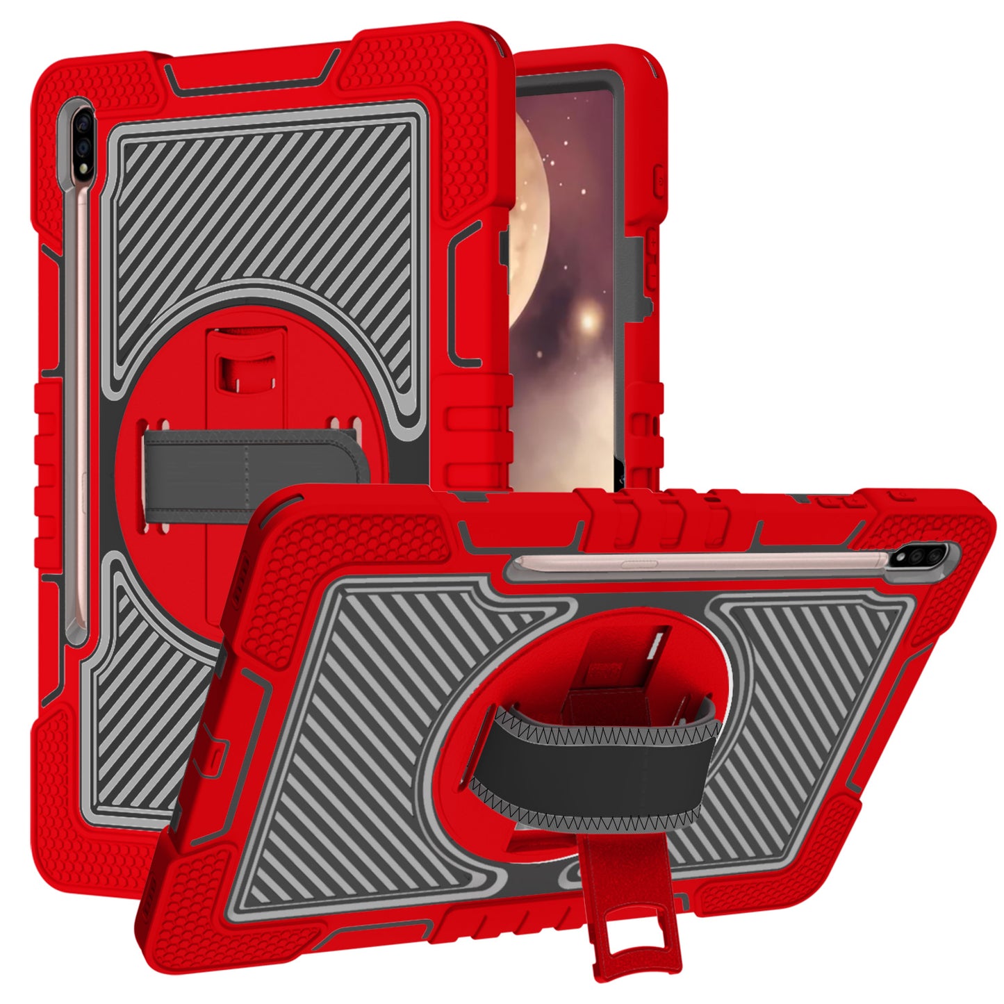 Case for Samsung Galaxy Tab A8 10.5 inch (2022) Hybrid 3in1 Multi-Functional Tablet Case with Hand, Shoulder Strap, Pencil & Stand Holder Red Black Tablet Cover