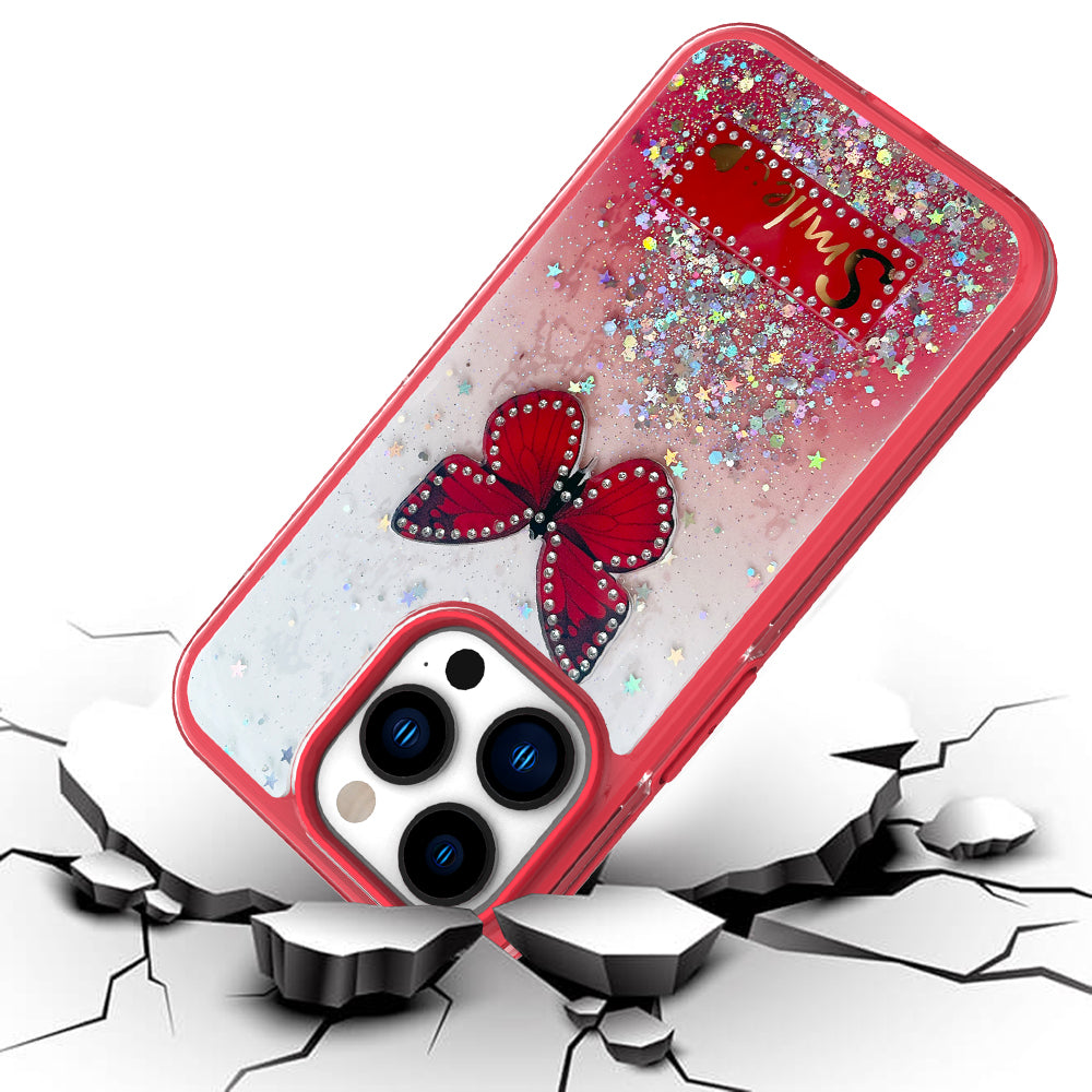 For Samsung Galaxy S22 /Plus Ultra Butterfly Smile Glitter Bling Sparkle Epoxy Glittering Shining Hybrid Hard PC TPU Silicone Slim  Phone Case Cover