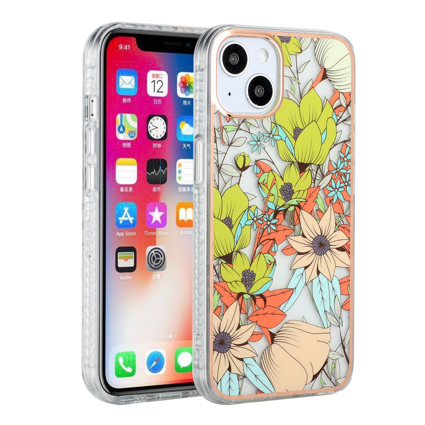 For Apple iPhone 13 Pro (6.1") Stylish Design Floral IMD Hybrid Rubber TPU Hard Shockproof Armor Rugged Slim Fit  Phone Case Cover