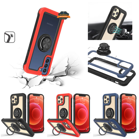For Samsung Galaxy S22 Ultra Transparent Magnetic Ring Stand Hybrid with 360 Degree Rotation Kickstand Armor Bumper  Phone Case Cover