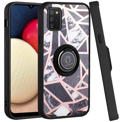 For Samsung Galaxy A02S Unique Marble Design with Magnetic Ring Kickstand Holder Hybrid TPU Hard PC Armor Shockproof  Phone Case Cover