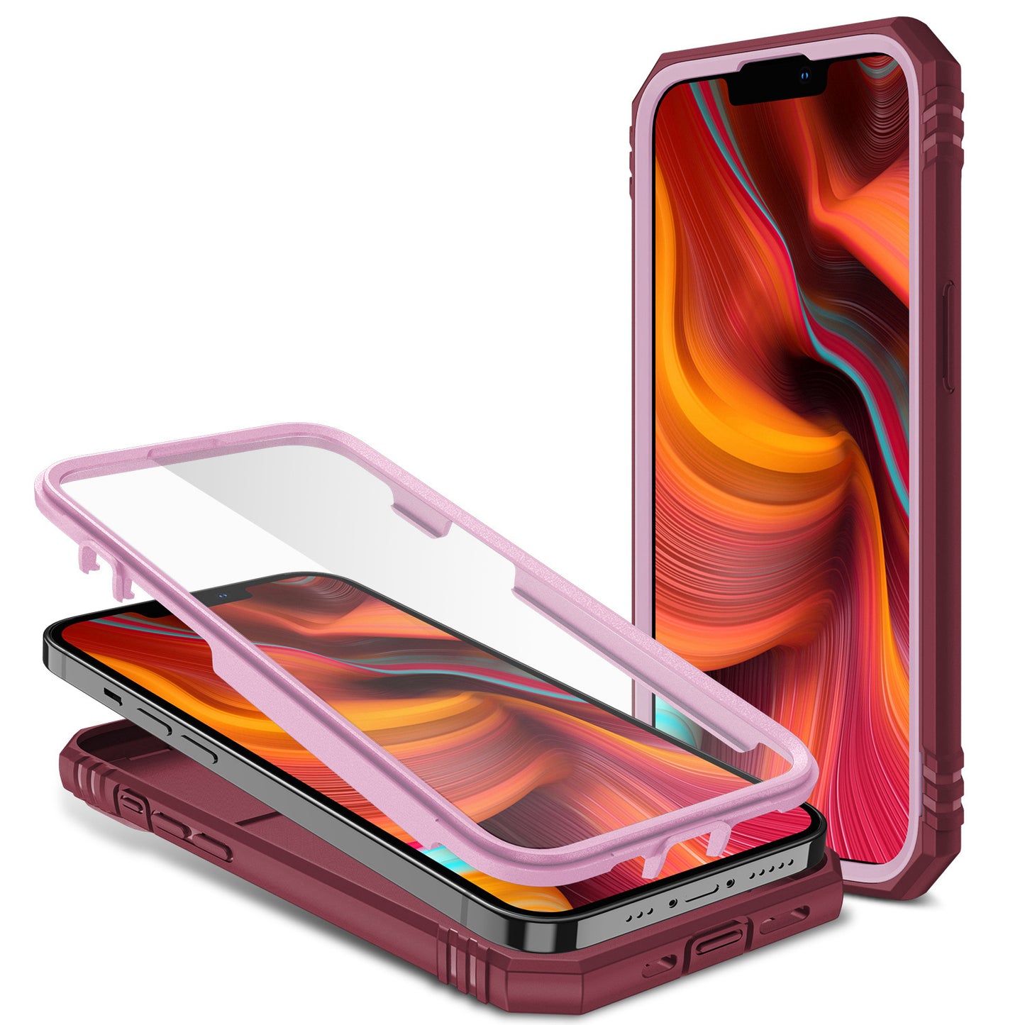 For Apple iPhone 14 (6.1") Hybrid Built-in 360° Rotate Magnetic Ring Stand with Camera Protection Heavy Duty Shockproof Pink Red Phone Case Cover