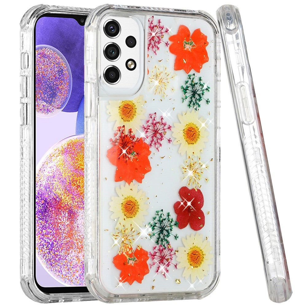 For Samsung Galaxy A23 5G Sparkle Glitter Floral Epoxy Design Shockproof Hybrid Fashion Bling Rubber TPU & Hard PC  Phone Case Cover