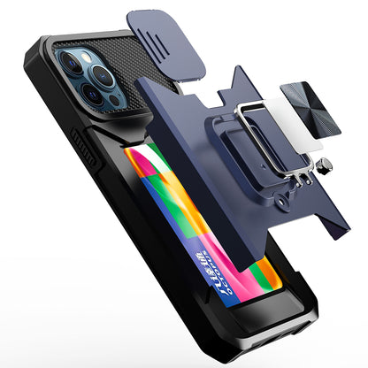 For Apple iPhone 13 Pro Max (6.7") Wallet Case with Ring Stand & Slide Camera Cover Credit Card Slot Holder, Military Grade Blue Phone Case Cover