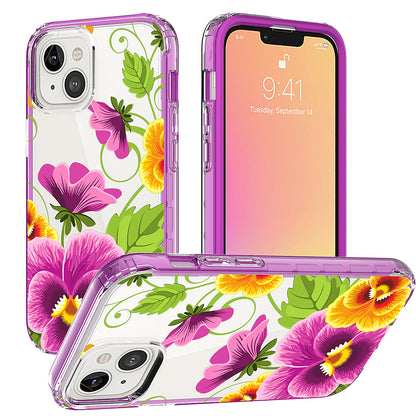 For Apple iPhone 14 Plus (6.7") Beautiful Design 3in1 Hybrid Triple Layer Armor Hard PC Plastic Rubber Frame Purple Summer Floral Phone Case Cover