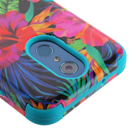 For LG Q7, LG Q7+ Floral Design Hybrid Three Layer Hard PC Shockproof Heavy Duty TPU Rubber Anti-Drop Hibiscus Tropical Flower Phone Case Cover