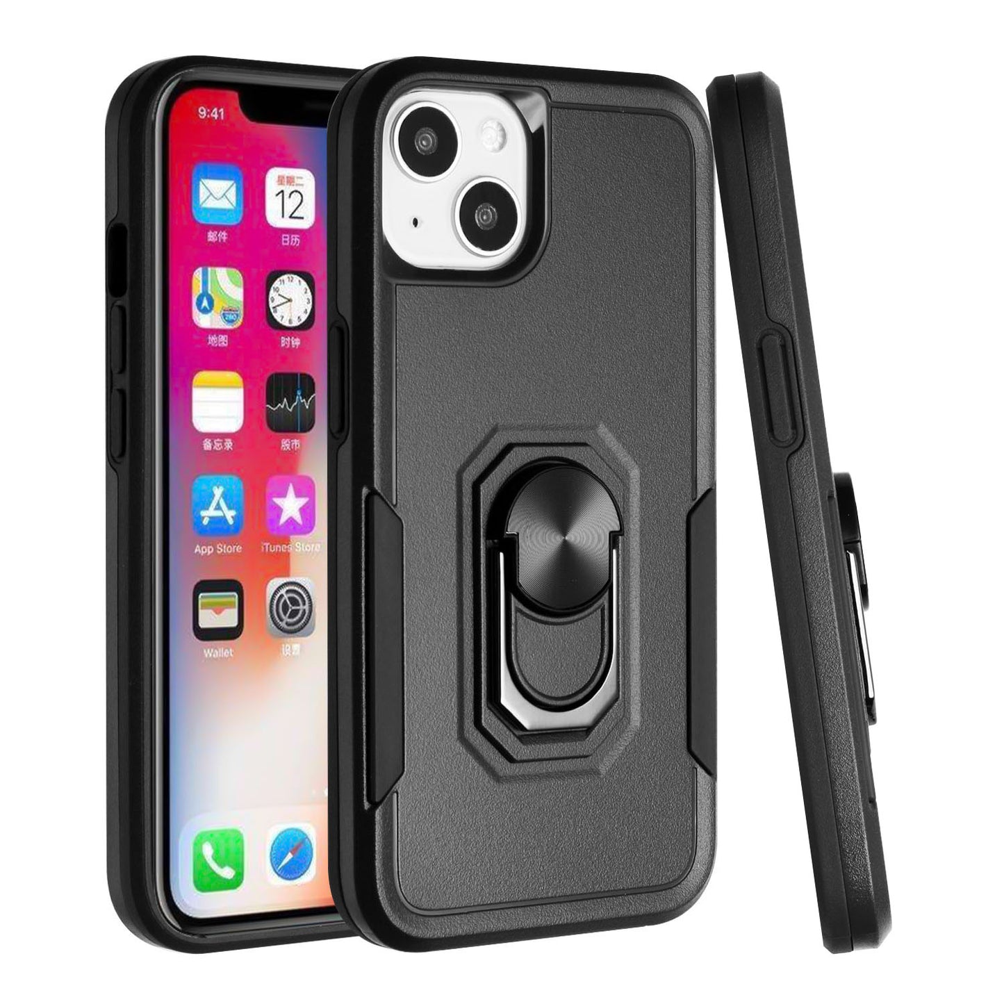 For Apple iPhone 14 (6.1") Hybrid Tough Strong Dual Layer Hard PC TPU with Magnetic Ring Stand Heavy-Duty Armor Design  Phone Case Cover