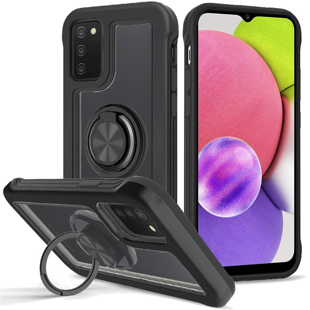 For Samsung Galaxy A03S Transparent Magnetic Ring Stand Hybrid 360 Degree Rotation Kickstand Armor Bumper Defender  Phone Case Cover