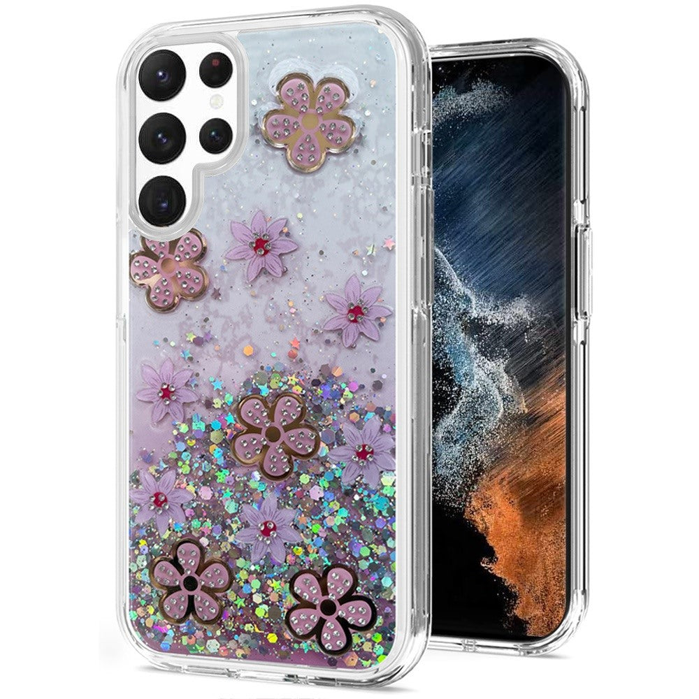 For Samsung Galaxy S22 Ultra Floral Stylish Design Glitter Shiny Hybrid Rubber TPU Hard PC Shockproof Armor Slim Fit  Phone Case Cover
