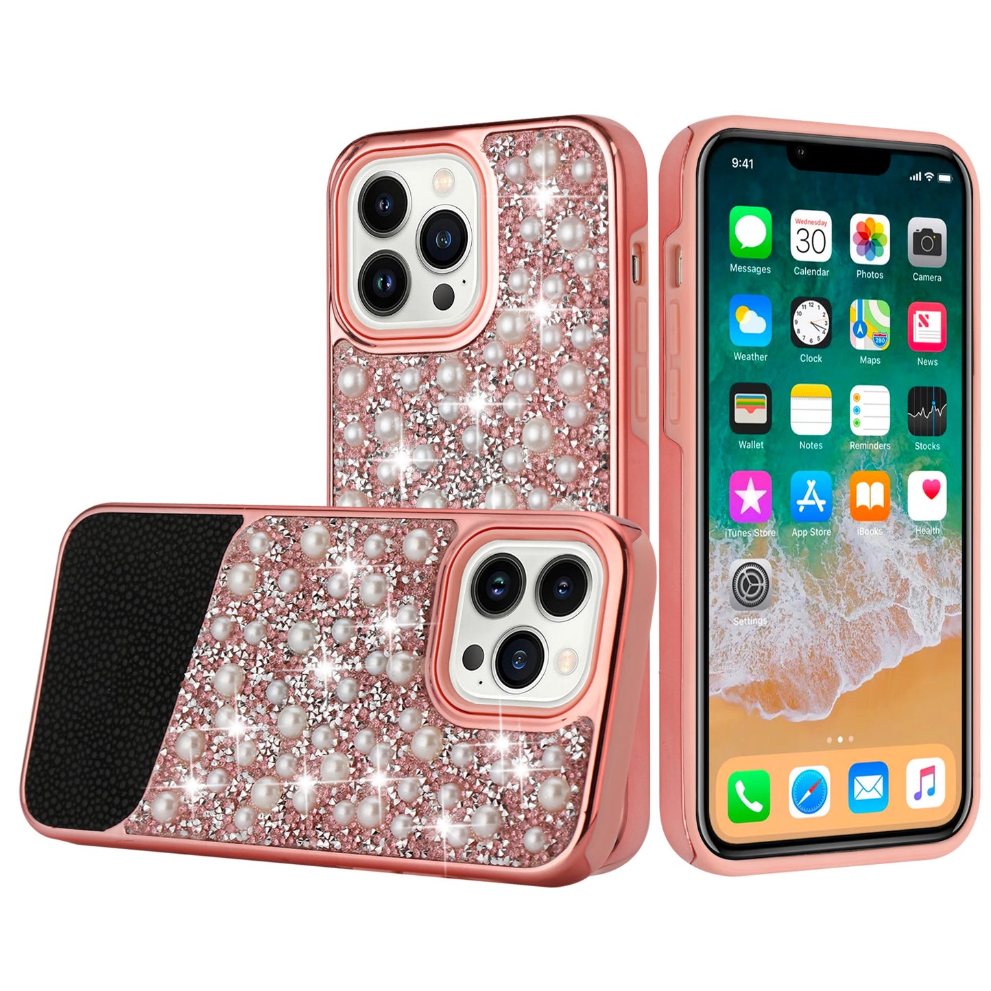 For Apple iPhone 14 (6.1") Bling Pearl Diamonds Design Glitter Hybrid Thick Hard TPU Shiny Protective Rubber Frame  Phone Case Cover