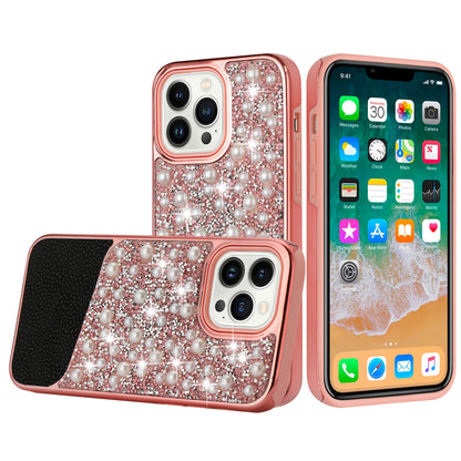 For Apple iPhone 14 (6.1") Bling Pearl Diamonds Design Glitter Hybrid Thick Hard TPU Shiny Protective Rubber Frame  Phone Case Cover