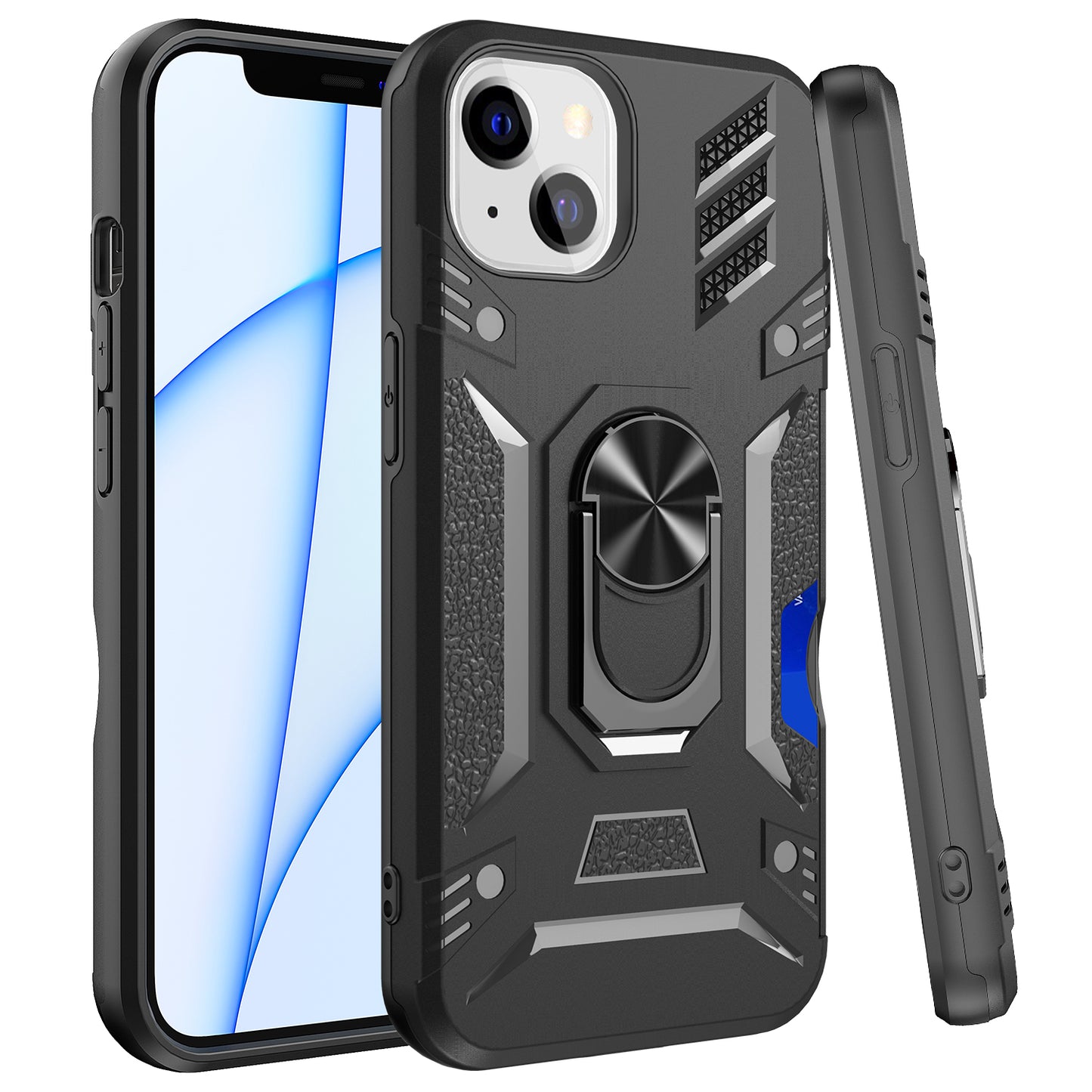 For Apple iPhone 11 (6.1") Wallet Case Hybrid Ring Stand with Invisible Credit Card Holder Heavy Duty Slim Rugged Hard Black Phone Case Cover