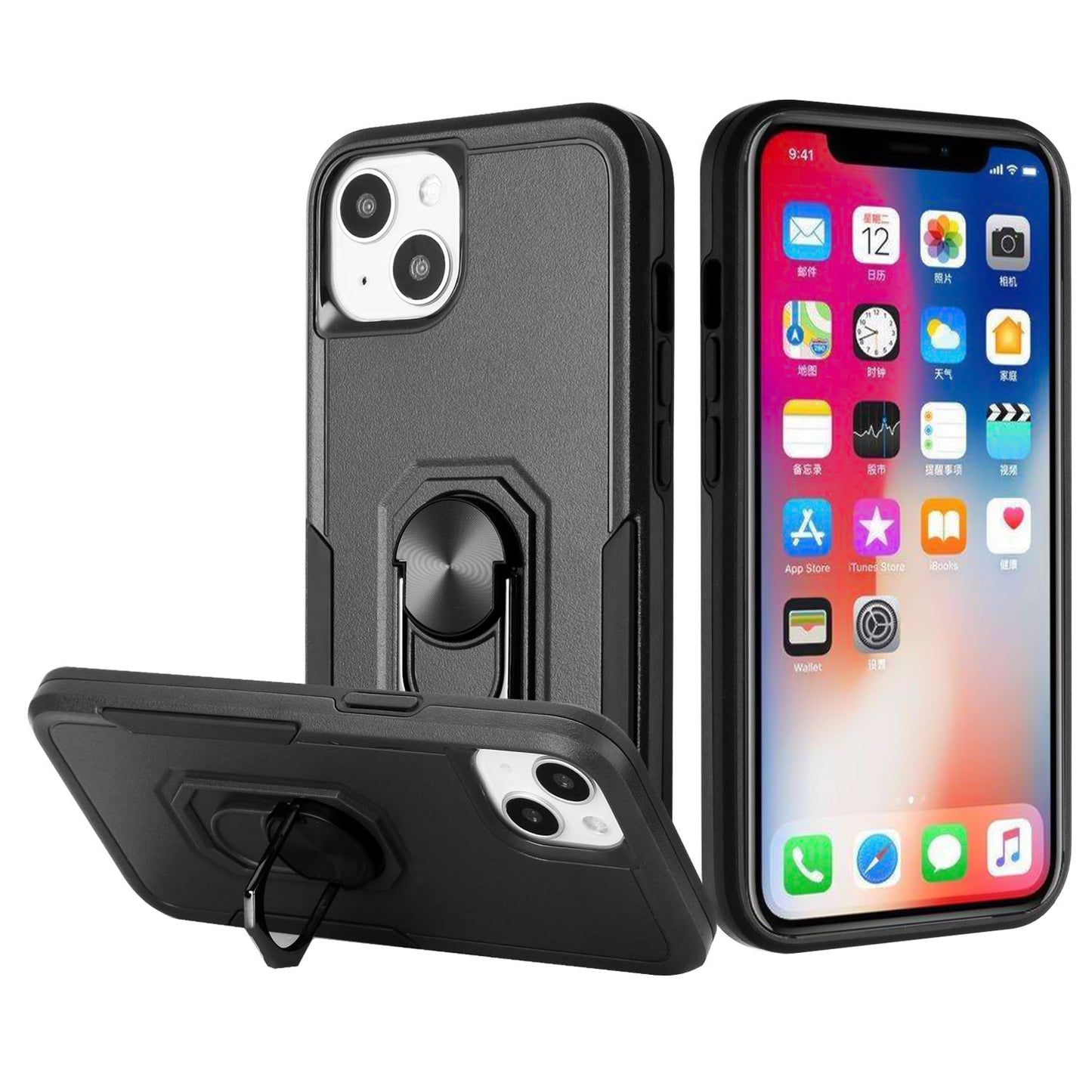 For Apple iPhone 14 (6.1") Hybrid Tough Strong Dual Layer Hard PC TPU with Magnetic Ring Stand Heavy-Duty Armor Design  Phone Case Cover