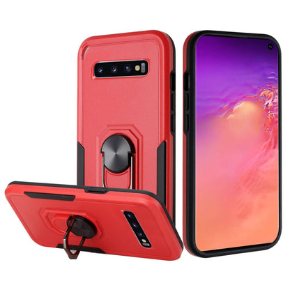 For Samsung Galaxy S10 Hybrid Tough Strong Dual Layer Hard PC TPU with Flat Magnetic Ring Kickstand Heavy-Duty Armor Red Phone Case Cover