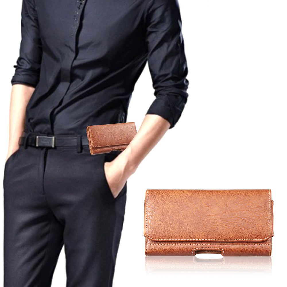 For Nokia C200 Universal Horizontal Cell Phone Leather Pouch Holster Carrying Case with Credit Card Slots & Belt Clip Loop (Size 5.7") [Brown]