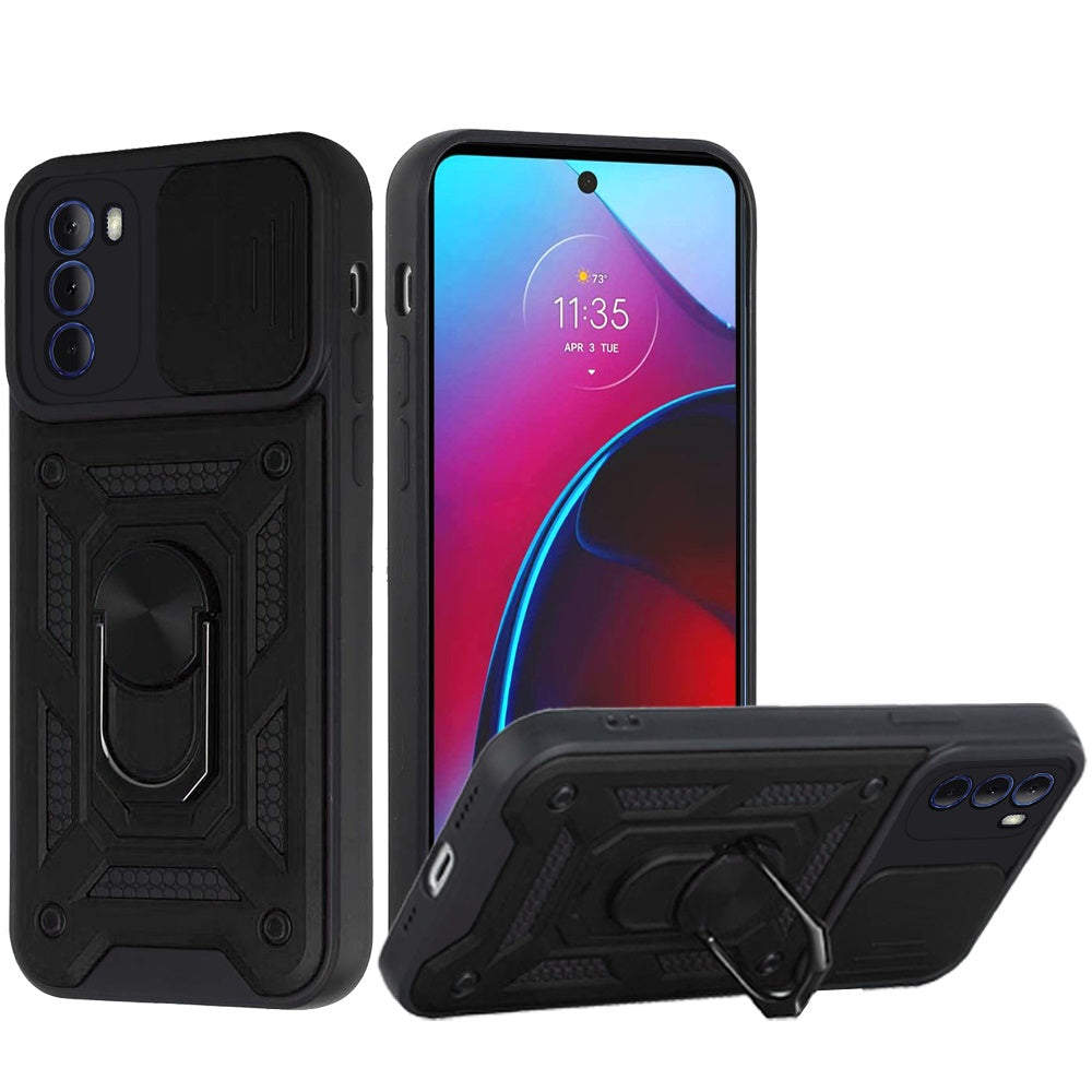 For Motorola Moto G Stylus 2022 4G Hybrid Cases with Slide Camera Lens Cover, Ring Holder Kickstand Rugged Dual Layer  Phone Case Cover