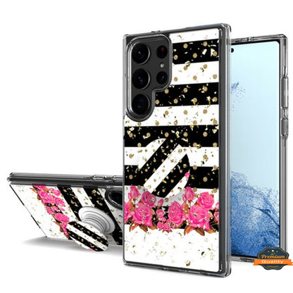 For Samsung Galaxy S23 /Plus /Ultra Elegant Pattern Design Bling Glitter Hybrid with Ring Stand Pop Up Finger Holder Kickstand  Phone Case Cover