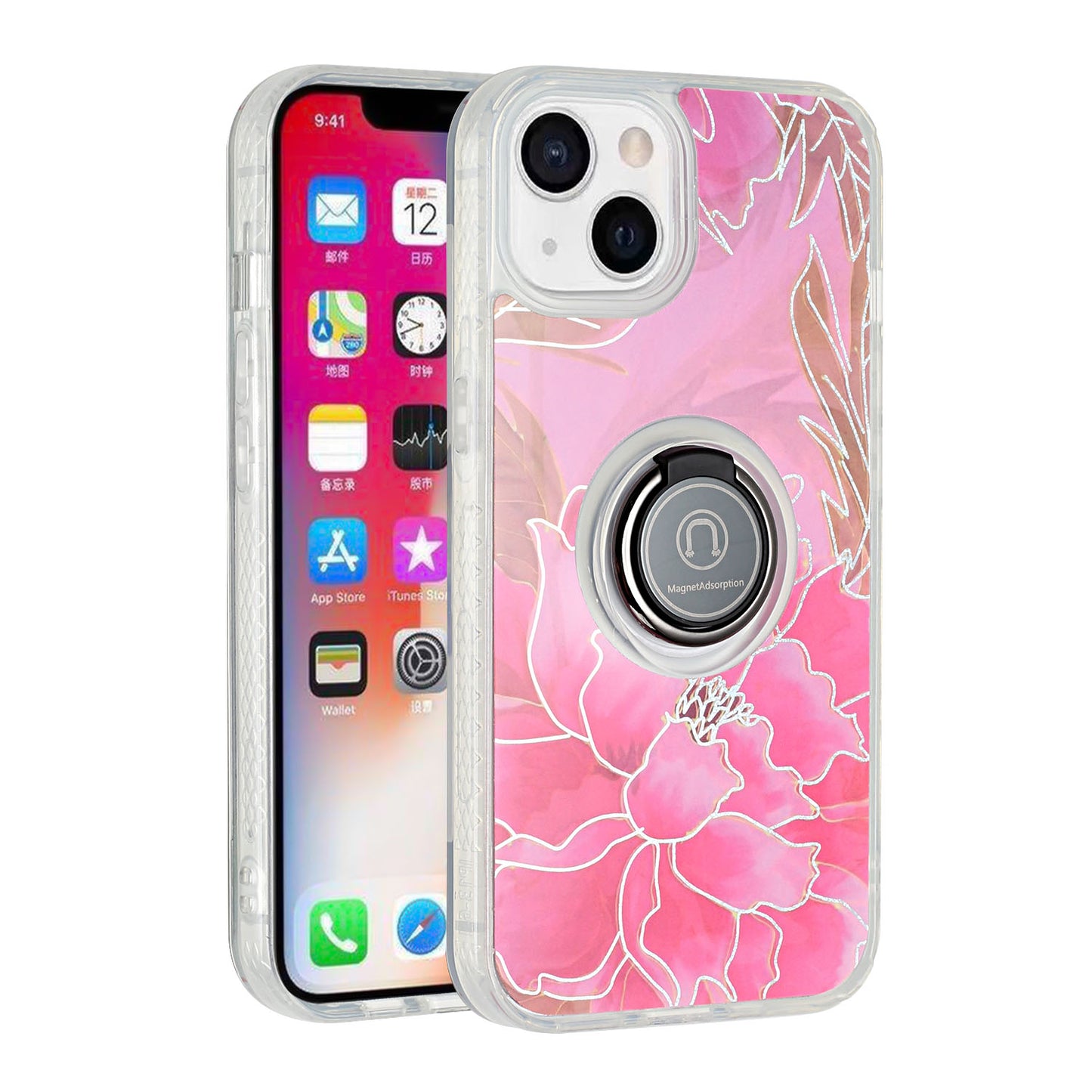 For Apple iPhone 11 (6.1") Flower Pattern IMD Design with Ring Kickstand Hybrid TPU Hard Back Shockproof  Phone Case Cover