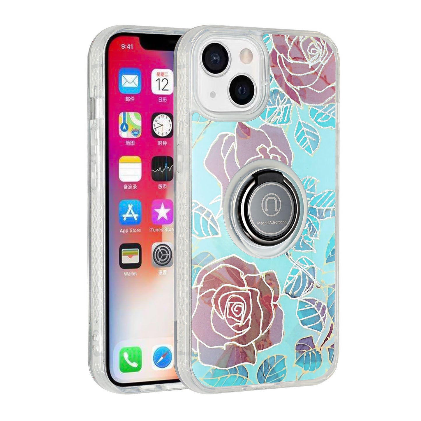 For Apple iPhone 11 (6.1") Flower Pattern IMD Design with Ring Kickstand Hybrid TPU Hard Back Shockproof  Phone Case Cover