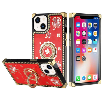 For Apple iPhone 13 (6.1") Fashion Art Square Hearts Diamond Bling Sparkly Glitter Ornaments with Ring Stand  Phone Case Cover