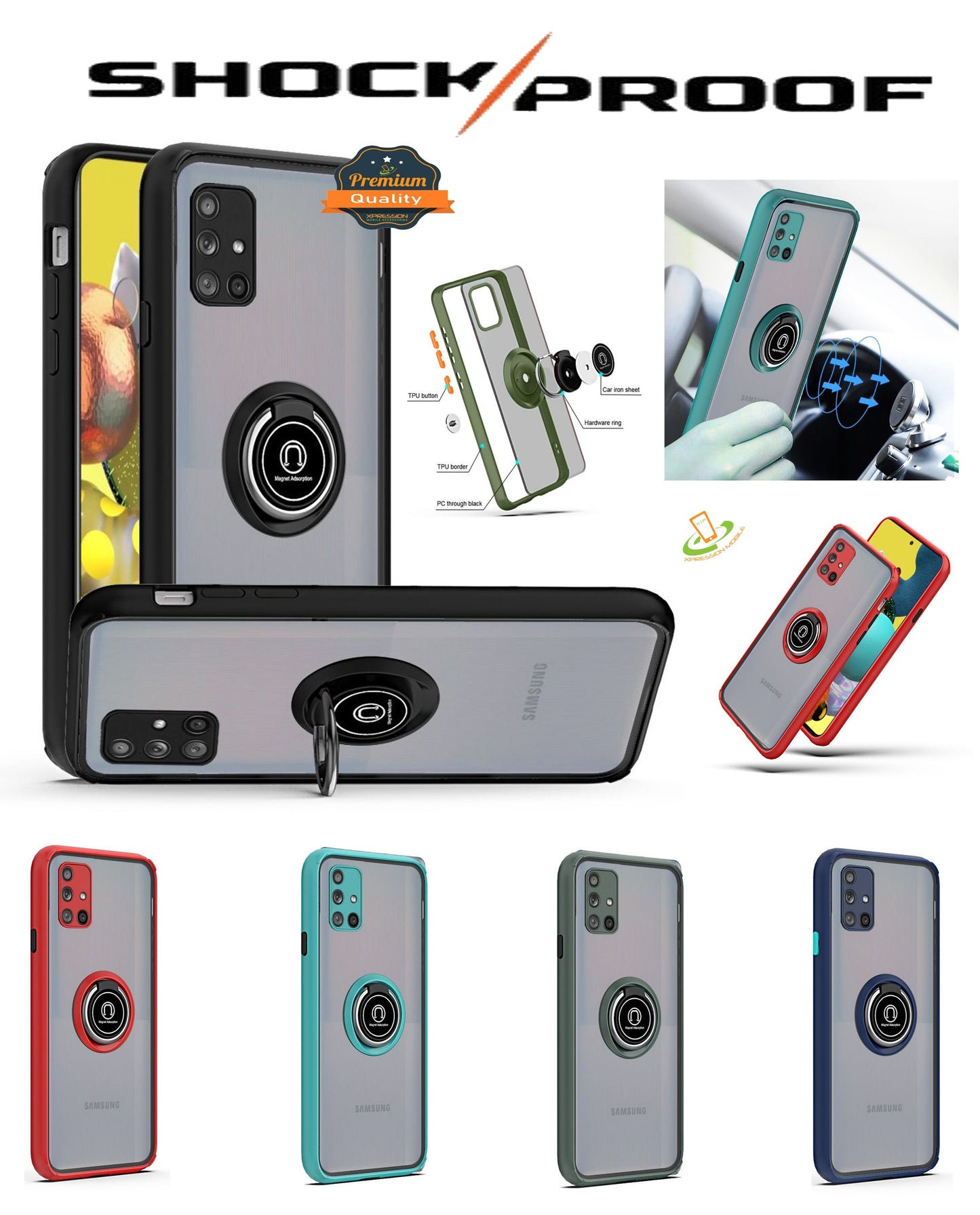 For Samsung Galaxy A73 5G Hybrid PC and TPU Shockproof with 360° Rotation Ring Magnetic Metal Stand & Covered Camera  Phone Case Cover