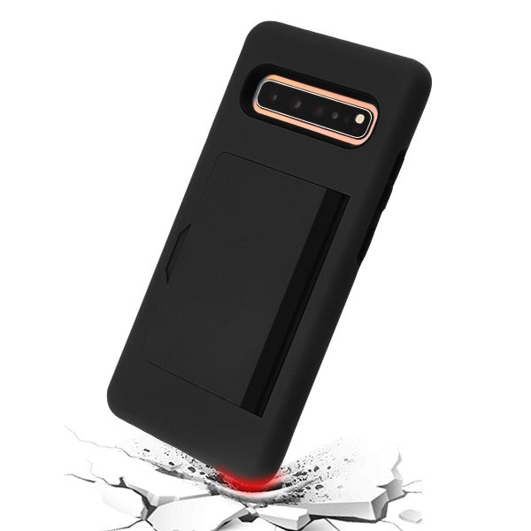 For Samsung Galaxy S10 5G (6.7") Credit Card Wallet Back Storage Invisible Pocket Dual Layer Hard PC TPU Hybrid Protective Black Phone Case Cover
