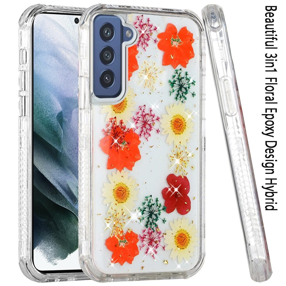 For Samsung Galaxy A23 5G Sparkle Glitter Floral Epoxy Design Shockproof Hybrid Fashion Bling Rubber TPU & Hard PC  Phone Case Cover