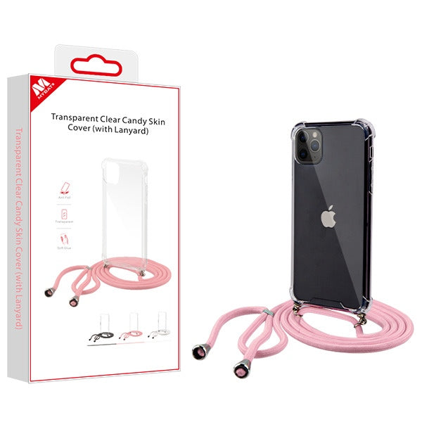 For Apple iPhone 11 Pro Max Slim Fit Hybrid Transparent Rubber Gummy Hard PC Soft Silicone with Lanyard Clear / Pink Phone Case Cover