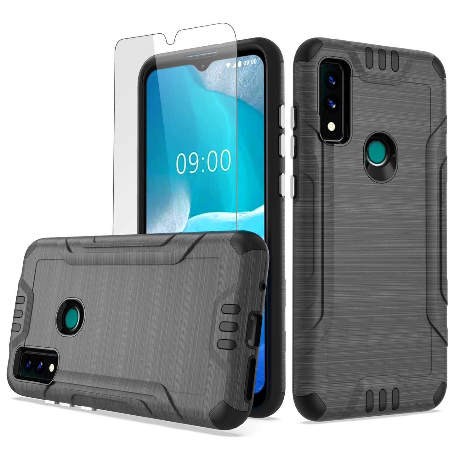 For AT&T Maestro 3 Hybrid Dual Layer Slim Metallic Brush Texture Hard PC TPU Rubber with Screen Protector Tempered Glass  Phone Case Cover