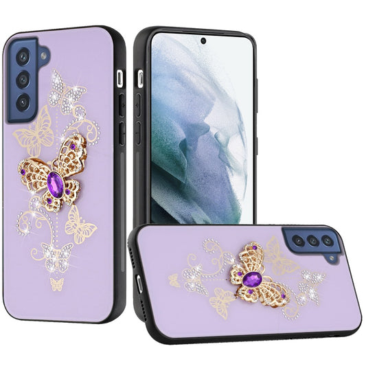 For Samsung Galaxy S21 Plus 3D Diamond Bling Sparkly Glitter Ornaments Engraving Hybrid Metal Fashion Purple Garden Butterflies Phone Case Cover