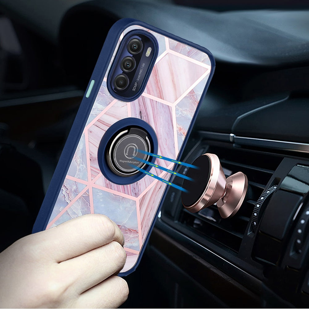 For Motorola Moto G 5G 2022 Marble Design with Magnetic Ring Kickstand Holder Hybrid TPU Hard PC Shockproof Armor Blue Pink Phone Case Cover