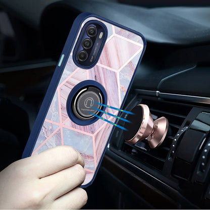 For Motorola Moto G 5G 2022 Marble Design with Magnetic Ring Kickstand Holder Hybrid TPU Hard PC Shockproof Armor Blue Pink Phone Case Cover