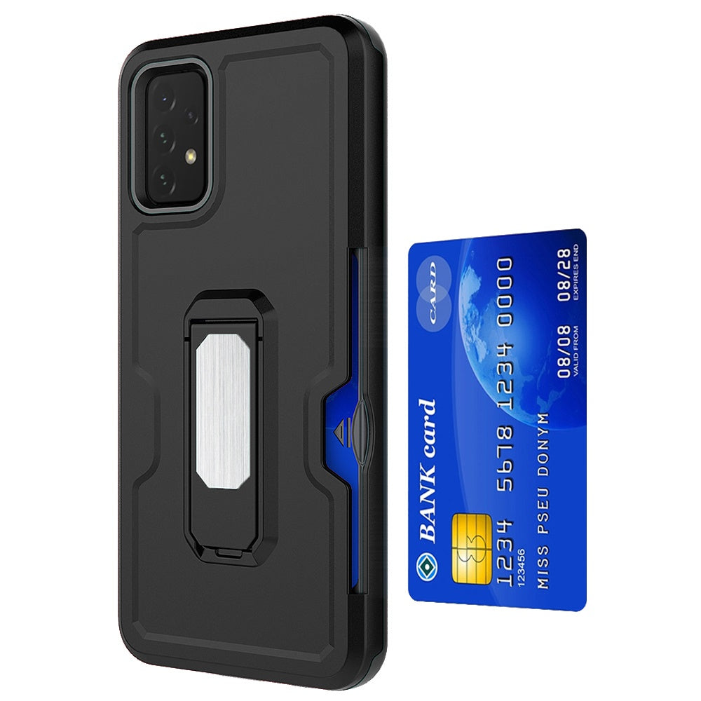 For Samsung Galaxy A23 5G Armor Belt Clip with Credit Card Holder ID Slot, Holster, Kickstand Protective Heavy Duty Hybrid Black Phone Case Cover