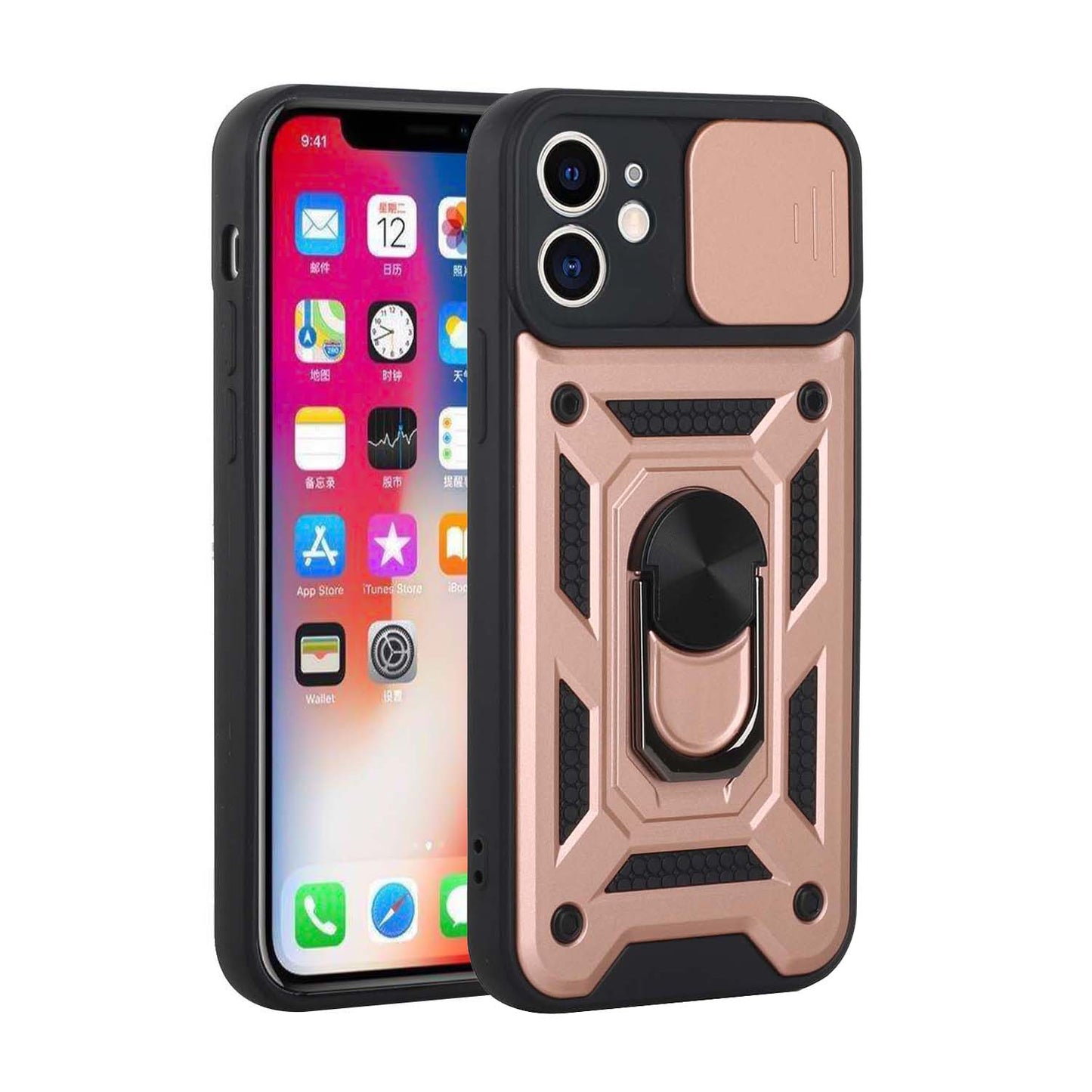 For Motorola Moto G 5G 2022 Hybrid Ring Holder Kickstand with Slide Camera Lens Cover, Rugged Dual Layer Heavy Duty Rose Gold Phone Case Cover