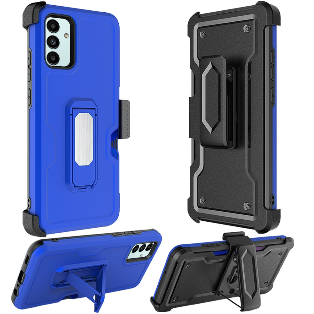 For Apple iPhone 14 (6.1") Armor Belt Clip with Credit Card Holder ID Slot, Holster, Kickstand Protective Heavy Duty Hybrid Blue Phone Case Cover