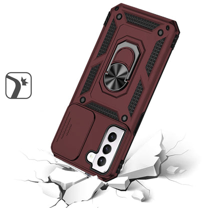 For Samsung Galaxy S22 Ultra Hybrid Case with Stand, Camera Lens Protection & 360° Rotate Ring, Shockproof, Soft Bumper Burgundy Phone Case Cover