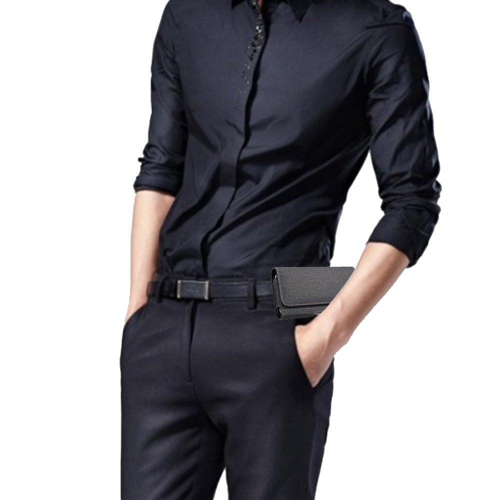 For Nokia C200 Universal Horizontal Cell Phone Fabric Pouch Holster Carry Case with Credit Card Slots & Belt Clip Loop (Size 6.3") [Black]