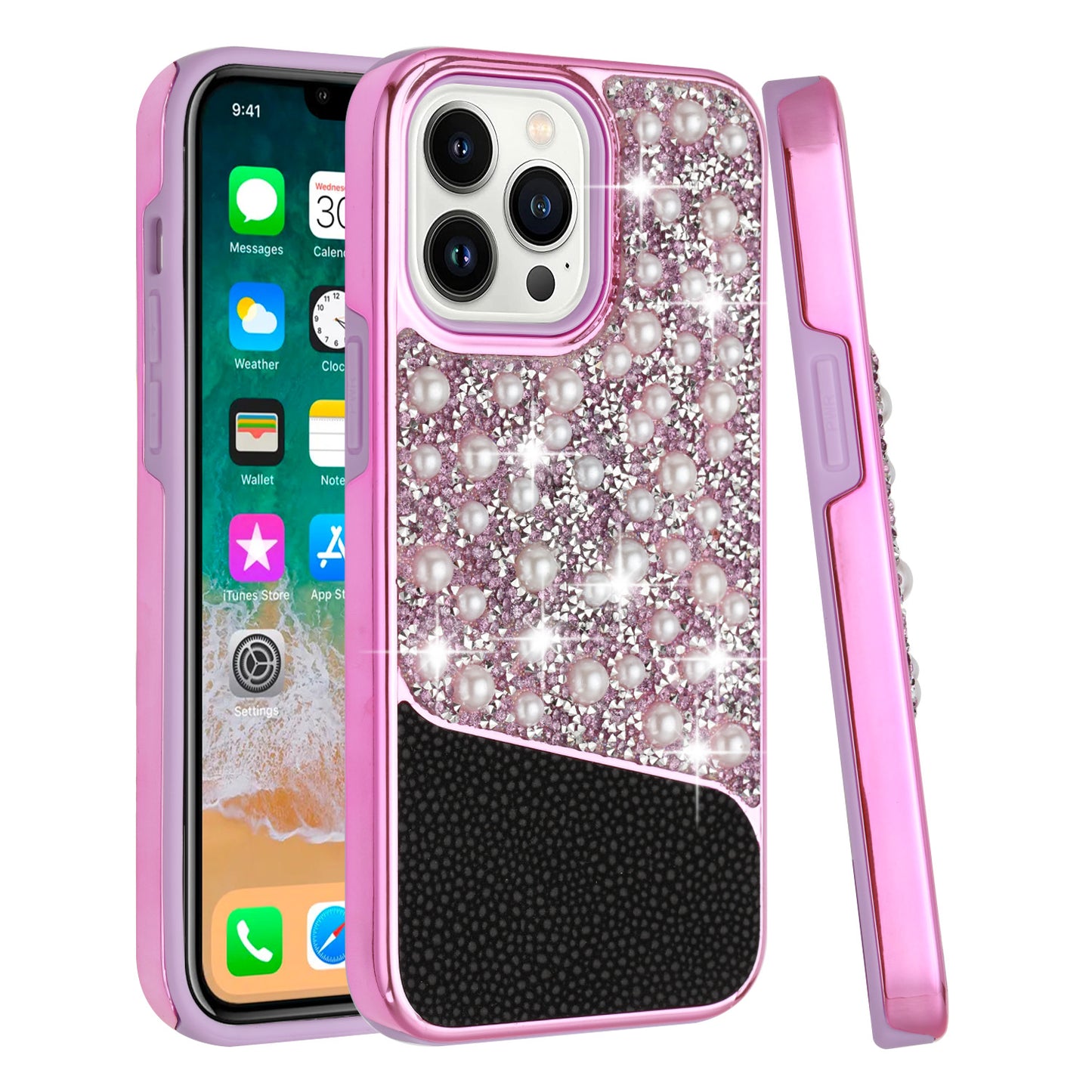 For Apple iPhone 13 Pro Max (6.7") Bling Pearl Diamonds Design Glitter Hybrid Hard TPU Shiny Protective Rubber Frame  Phone Case Cover