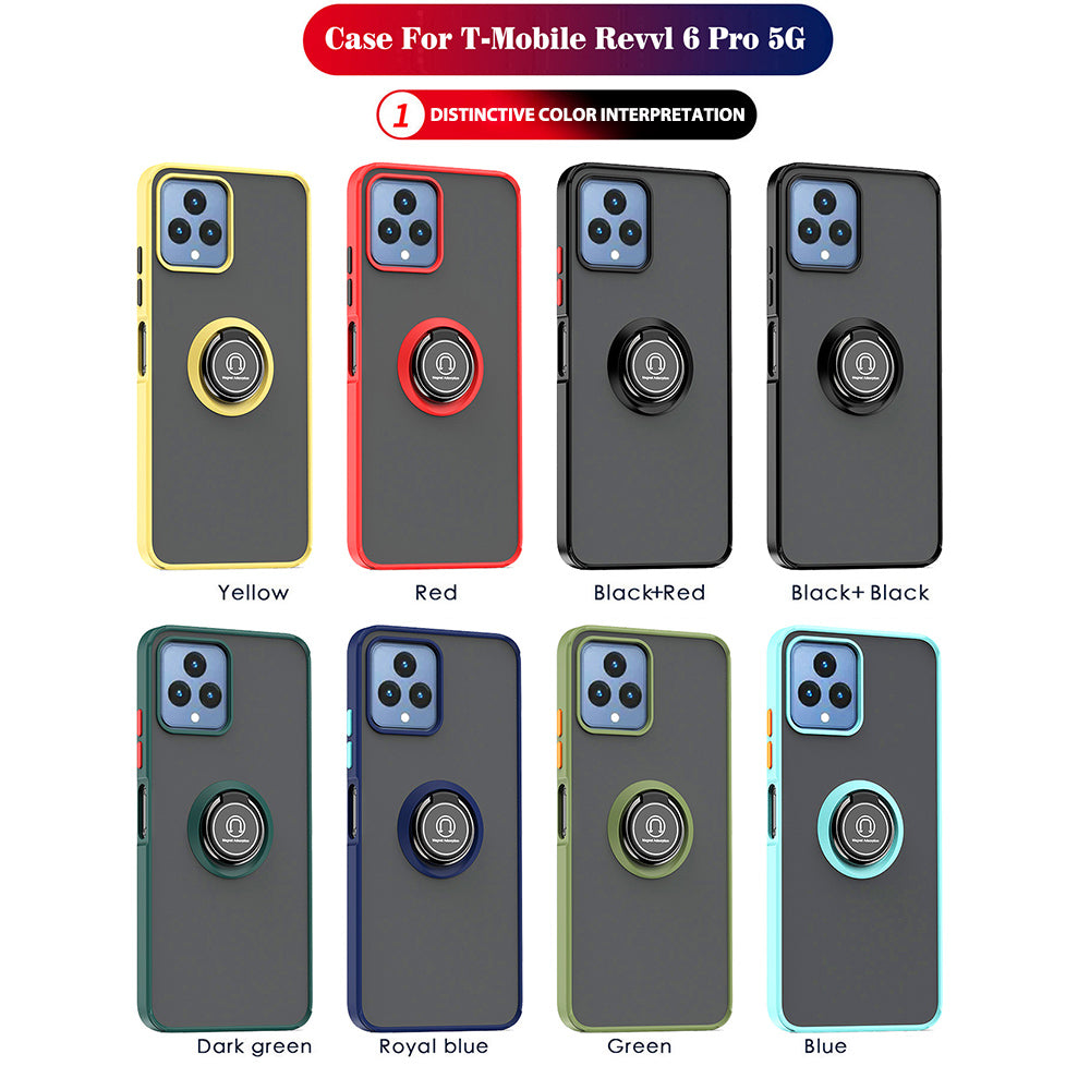 For T-Mobile Revvl 6 5G Hybrid Frosted Matte Hard Back PC + TPU Frame with Magnetic Ring Holder Stand Kickstand Black Phone Case Cover