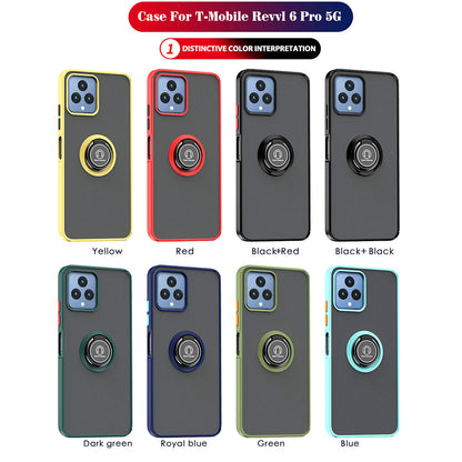 For T-Mobile Revvl 6 5G Hybrid Frosted Matte Hard Back PC + TPU Frame with Magnetic Ring Holder Stand Kickstand Black Phone Case Cover