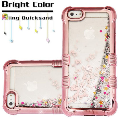 For Apple iPhone 5s/5 / SE Quicksand Liquid Glitter Bling Hybrid Image Flowing Sparkle Protector Skin Spring Flowers Phone Case Cover
