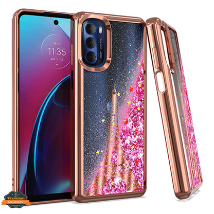 For Motorola Moto G Stylus 5G 2022 Quicksand Liquid Glitter Bling Flowing Fashion Hybrid Rubber TPU Chrome Plating Hard Paris Eiffel Tower Phone Case Cover