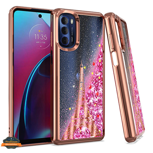 For Motorola Moto G Stylus 5G 2022 Quicksand Liquid Glitter Bling Flowing Fashion Hybrid Rubber TPU Chrome Plating Hard Paris Eiffel Tower Phone Case Cover