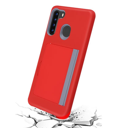 For Samsung Galaxy A21 Credit Card Wallet Back Storage Invisible Pocket Dual Layer Hard PC TPU Hybrid Red Phone Case Cover