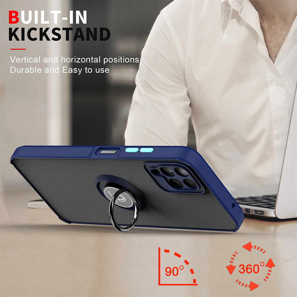 For T-Mobile Revvl 6 Pro 5G Hybrid Frosted Matte Hard Back PC + TPU Frame with Magnetic Ring Holder Stand Kickstand Black Phone Case Cover