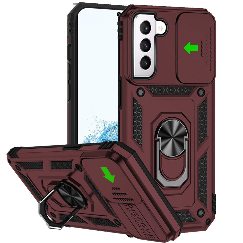 For Samsung Galaxy S22 Ultra Hybrid Case with Stand, Camera Lens Protection & 360° Rotate Ring, Shockproof, Soft Bumper Burgundy Phone Case Cover